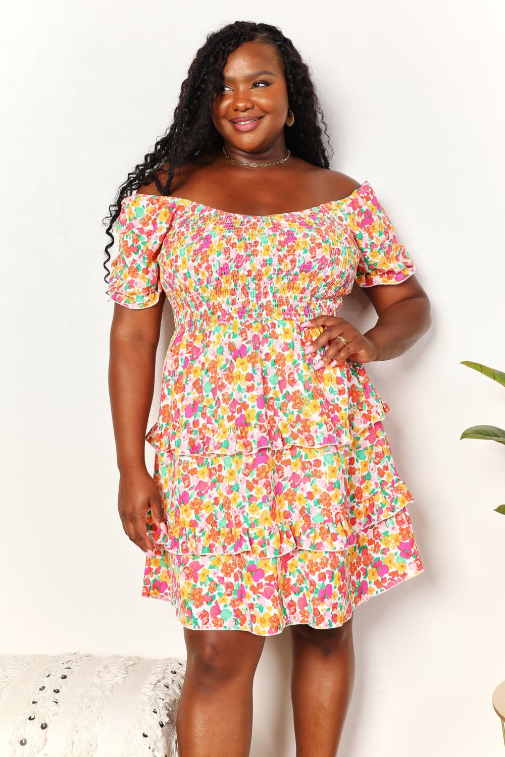 Strawberry pink Devine mini dress by Trendsi with smocked bodice, sweetheart neckline, and flounce sleeves.