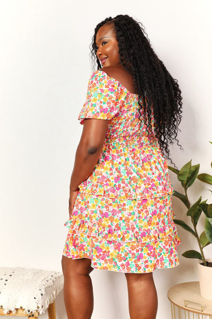 Trendsi Devine smocked sweetheart neckline mini dress with flounce sleeves, strawberry pattern, perfect for a stylish summer look.
