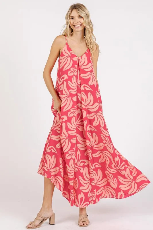 Printed V-neck maxi cami dress with pockets by Mittoshop, featuring strawberry pattern and sleeveless design.