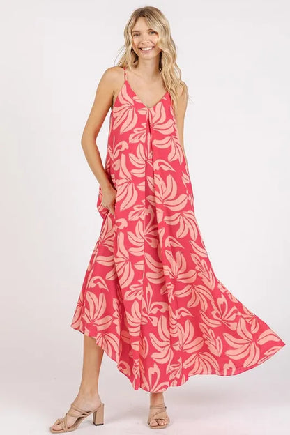 Printed V-neck maxi cami dress with pockets by Mittoshop, featuring strawberry pattern and sleeveless design.