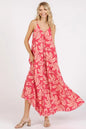 Printed V-neck maxi cami dress with pockets by Mittoshop, featuring strawberry pattern and sleeveless design.