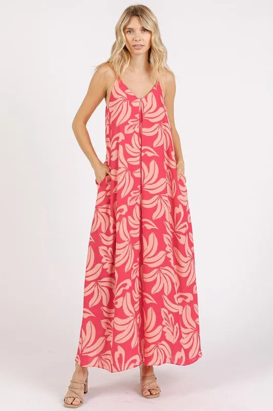 Printed V-neck Maxi Cami Dress with Pockets by Mittoshop, featuring a floral strawberry pattern and a comfortable, flowing design.