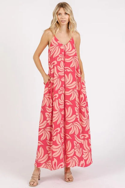 Printed V-neck Maxi Cami Dress with Pockets by Mittoshop, featuring a floral strawberry pattern and a comfortable, flowing design.