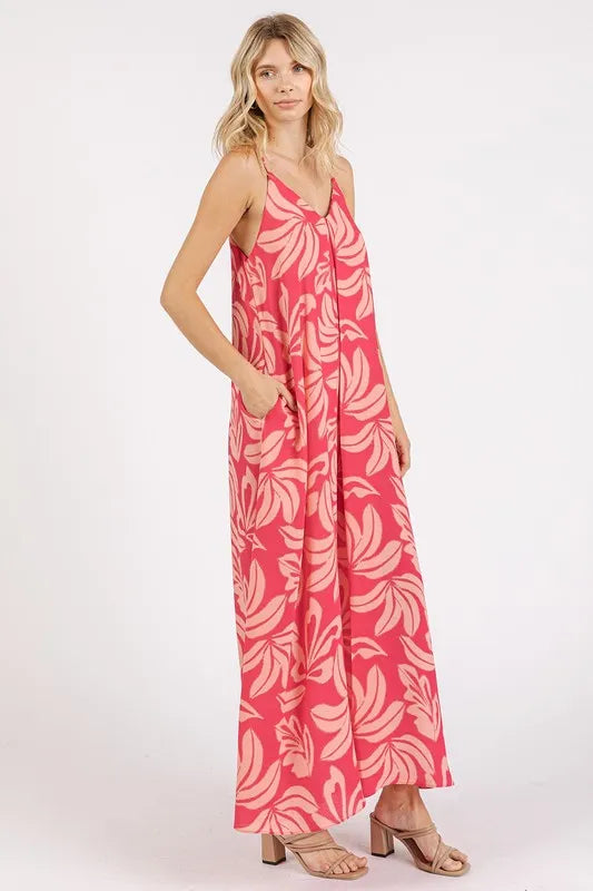 Printed V-neck maxi cami dress by Mittoshop with strawberry print, featuring pockets and a relaxed fit, ideal for casual wear.