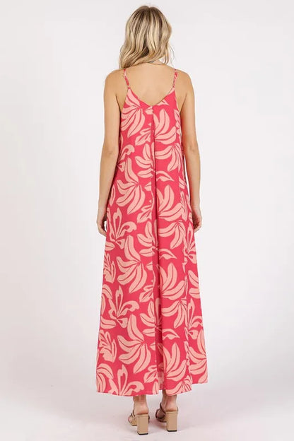Pink strawberry print V-neck maxi cami dress with pockets by Mittoshop, featuring a flowy silhouette and sleeveless design.