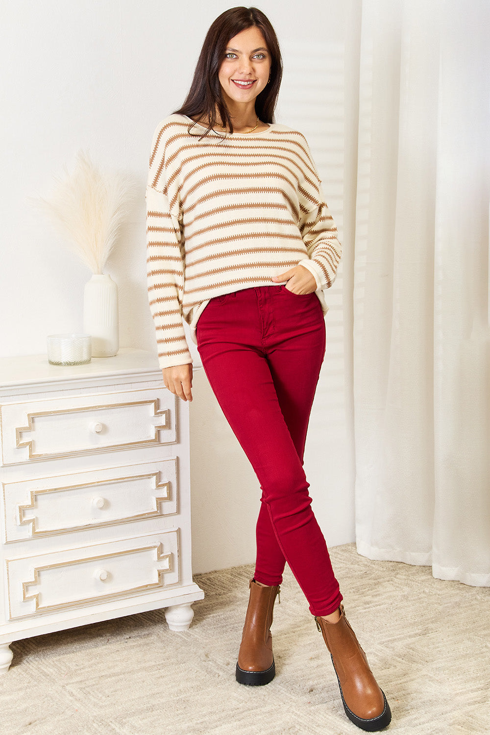 Striped boat neck sweater from Trendsi featuring a double take design in navy and white, casual knit with long sleeves.