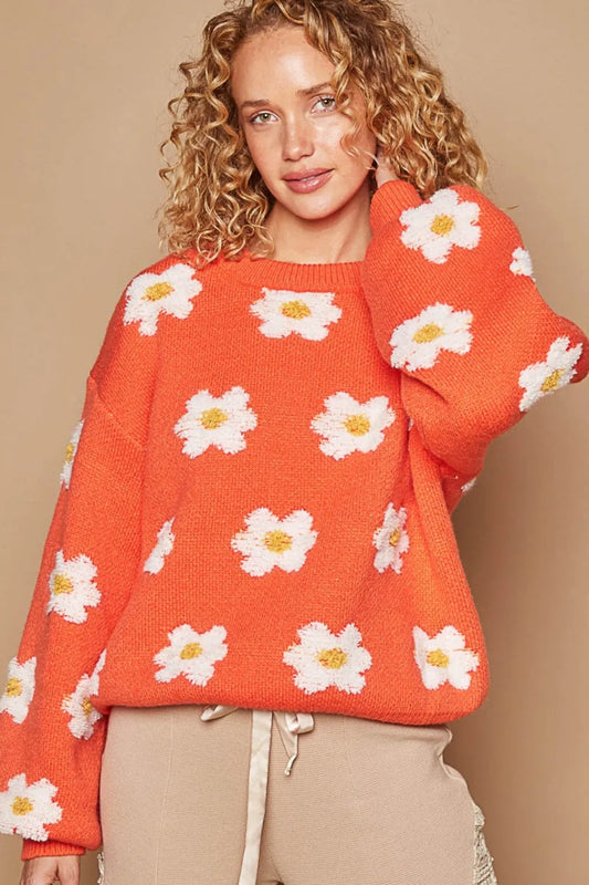 Sun orange POL Daisy Pattern Drop Shoulder Sweater by Trendsi featuring a floral daisy print and relaxed fit, casual and stylish.
