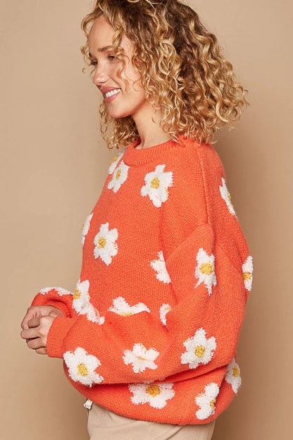 Sun orange POL Daisy Pattern Drop Shoulder Sweater by Trendsi showing a cozy knit with a daisy print and relaxed fit.