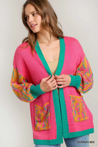 Animal print open front sweater cardigan by Umgee, featuring a cozy knit and stylish animal pattern, perfect for casual wear.