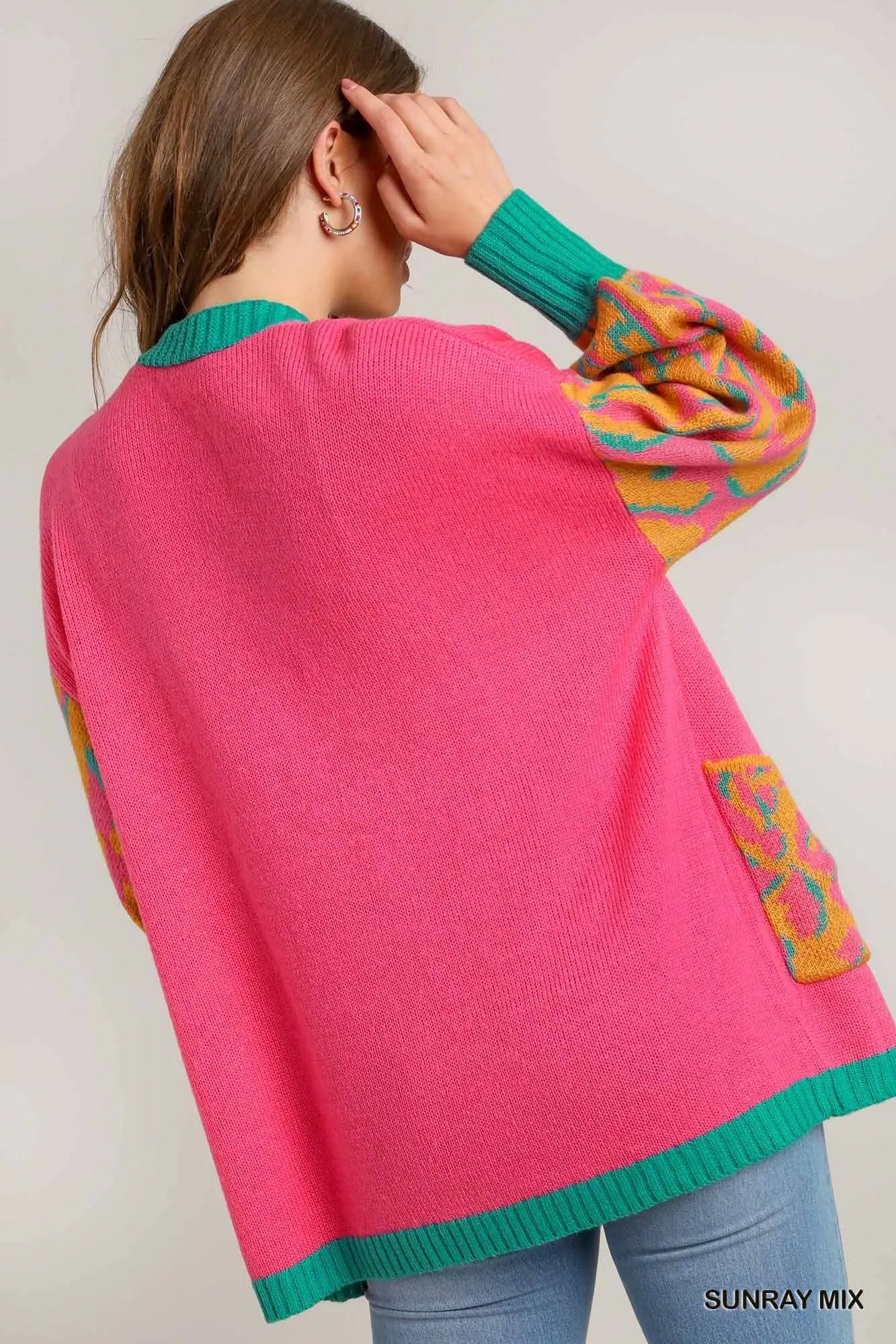 Animal print open front sweater cardigan by Umgee, stylish and cozy with a trendy sunray mix pattern, perfect for casual wear.