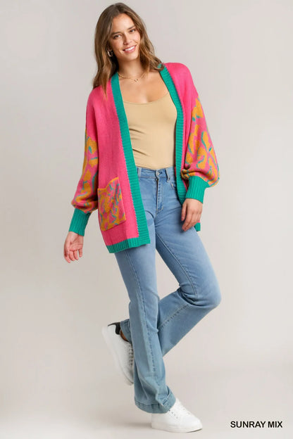 Animal print open front sweater cardigan by Umgee, stylish layered knit with a cozy, relaxed fit and trendy animal pattern.
