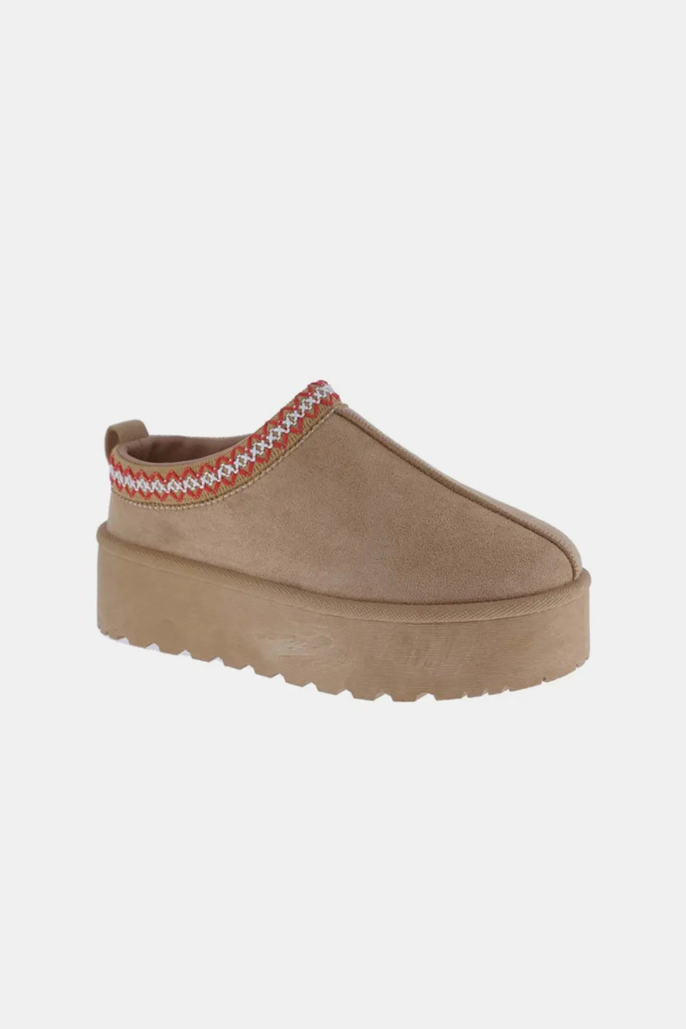 Tan Weeboo platform slip-on boots with embroidered trim, featuring a trendy and comfortable design from Trendsi.