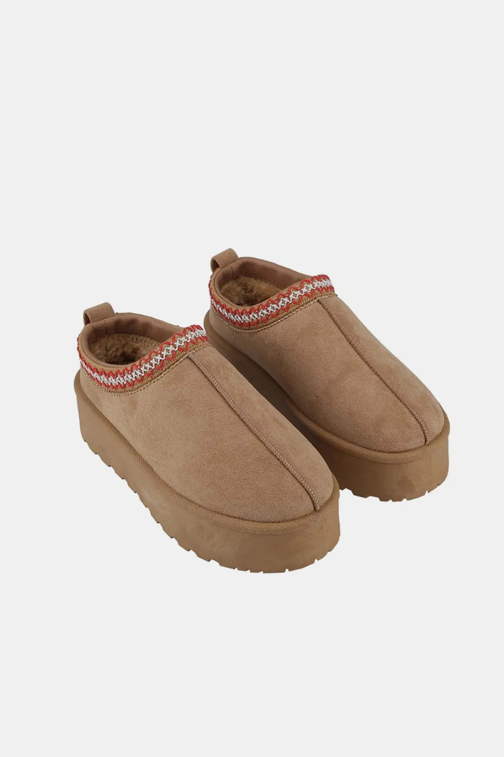Tan Weeboo Platform Slip-On Boots by Trendsi with embroidered trim and sturdy sole, casual and stylish footwear for women.
