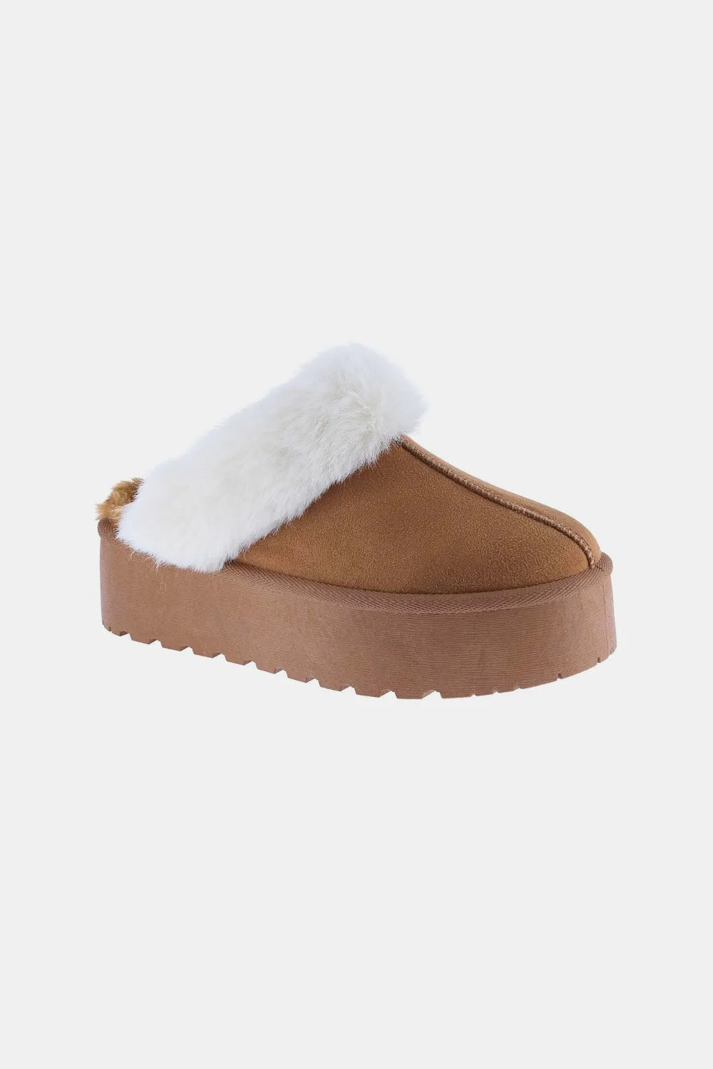Tan Weeboo snow slippers with thick bottoms and fur trim, designed for warmth and comfort in winter.