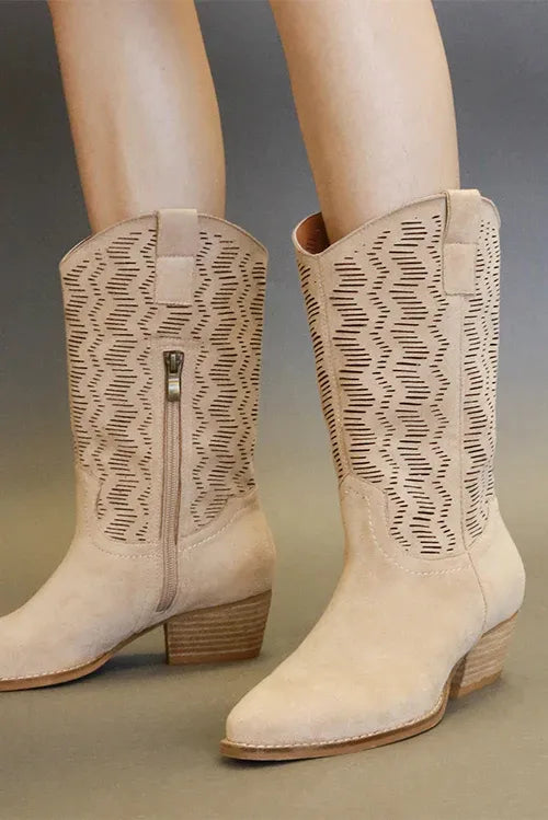 Tan faux suede block heel boots with laser cut detail from Beast Fashion by Trendsi, showcasing stylish design and chunky heel.