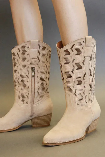 Tan faux suede block heel boots with laser cut detail from Beast Fashion by Trendsi, showcasing stylish design and chunky heel.