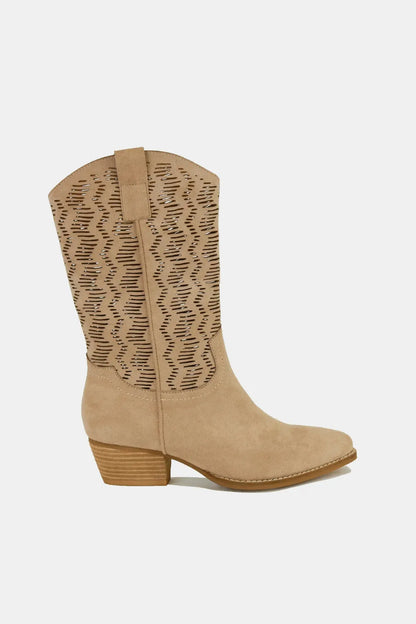 Beast Fashion faux suede block heel boots with laser-cut details in tan color, stylish and trendy footwear by Trendsi.