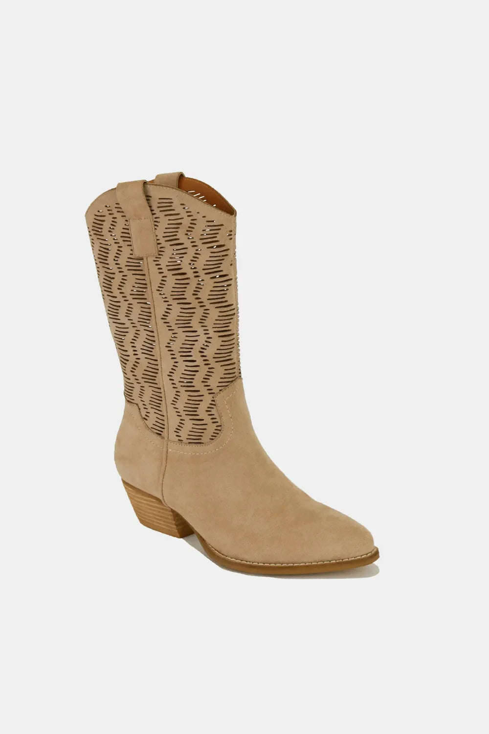 Beast Fashion faux suede tan block heel boots with laser-cut detail and stylish design, perfect for trendy outfits.