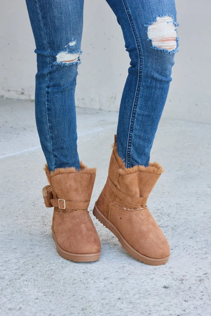 Tan Forever Link Plush Thermal Flat Boots by Trendsi featuring a cozy plush interior and sleek flat sole design.