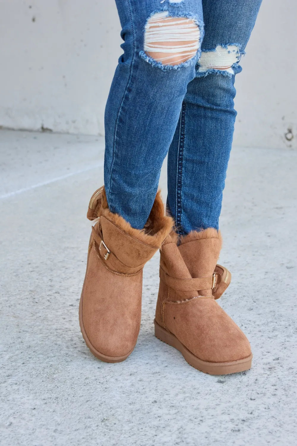 Tan Forever Link Plush Thermal Flat Boots by Trendsi, featuring a cozy plush interior and sleek flat sole design.