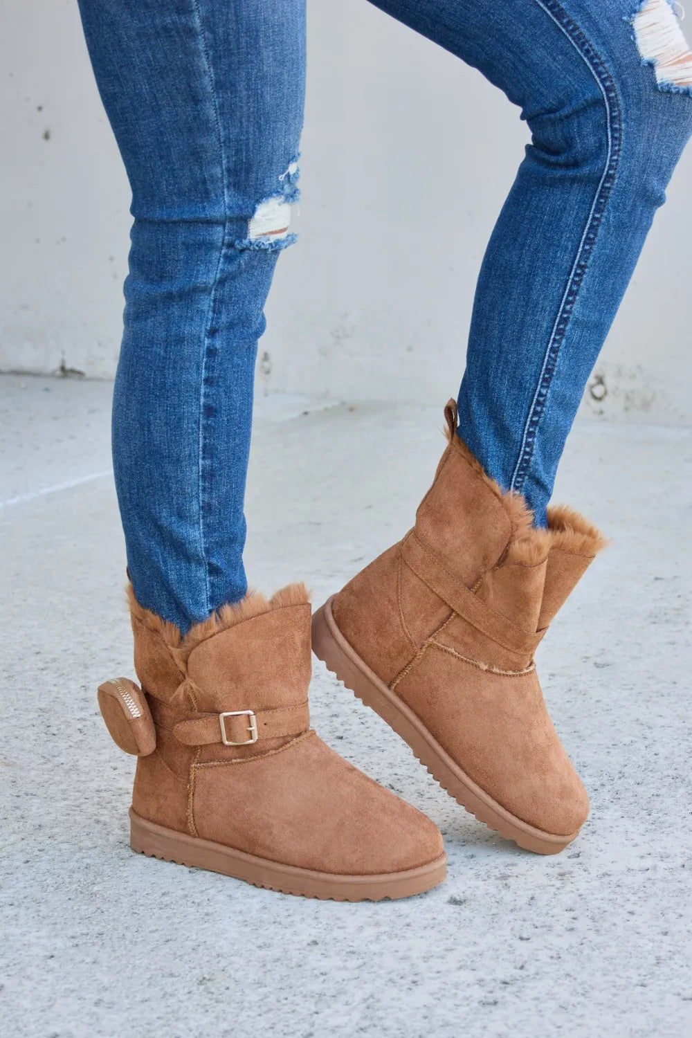 Trendsi Forever Link plush thermal flat boots in tan with cozy lining and slip-on style, suitable for casual winter wear.