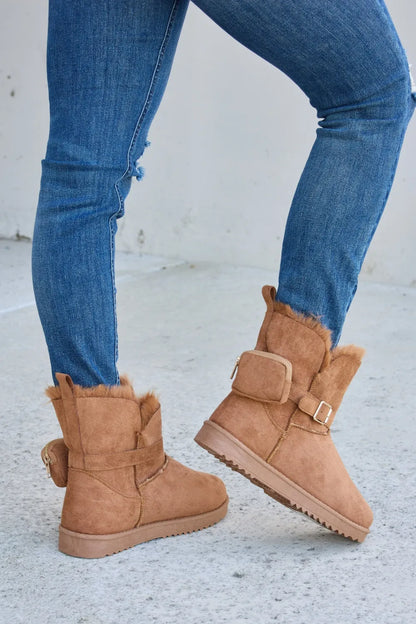 Trendsi Forever Link plush thermal flat boots in tan, featuring cozy fleece lining and stylish flat sole for cold weather wear.