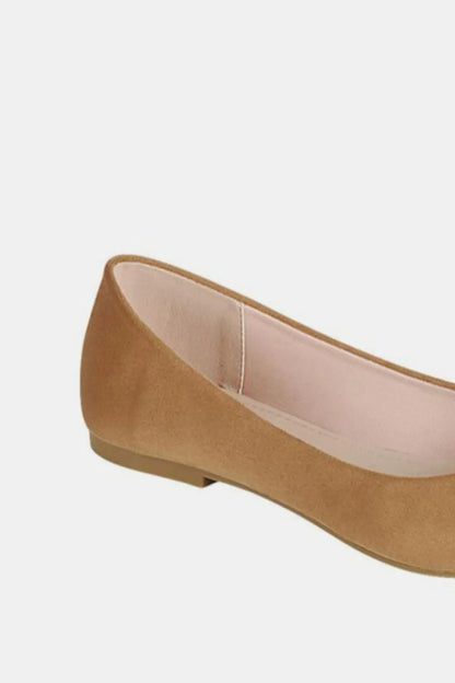 Tan Forever Link pointy toe slip-on flat loafers by Trendsi, showcasing sleek design and comfortable flat soles.