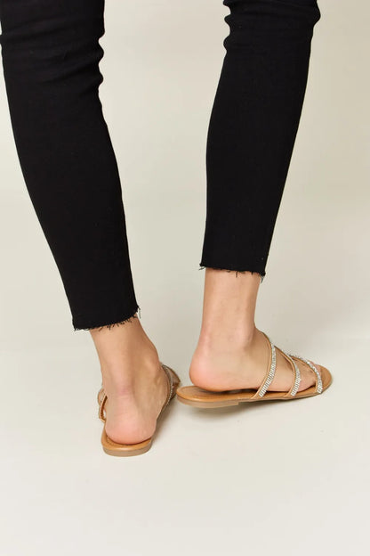 Tan Wild Diva rhinestone three-strap flat sandals with sparkling embellishments, perfect for casual summer wear.