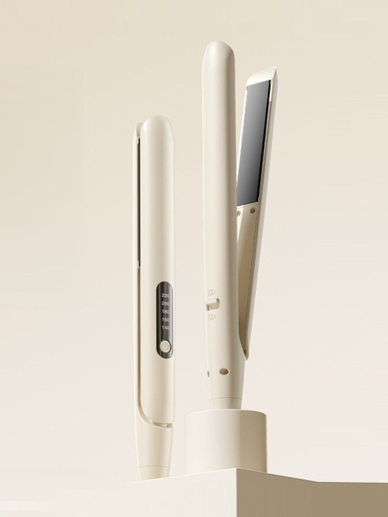 Cordless adjustable temperature hair straightener by Trendsi with European plug, shown in tan color, for sleek straight hair styling.