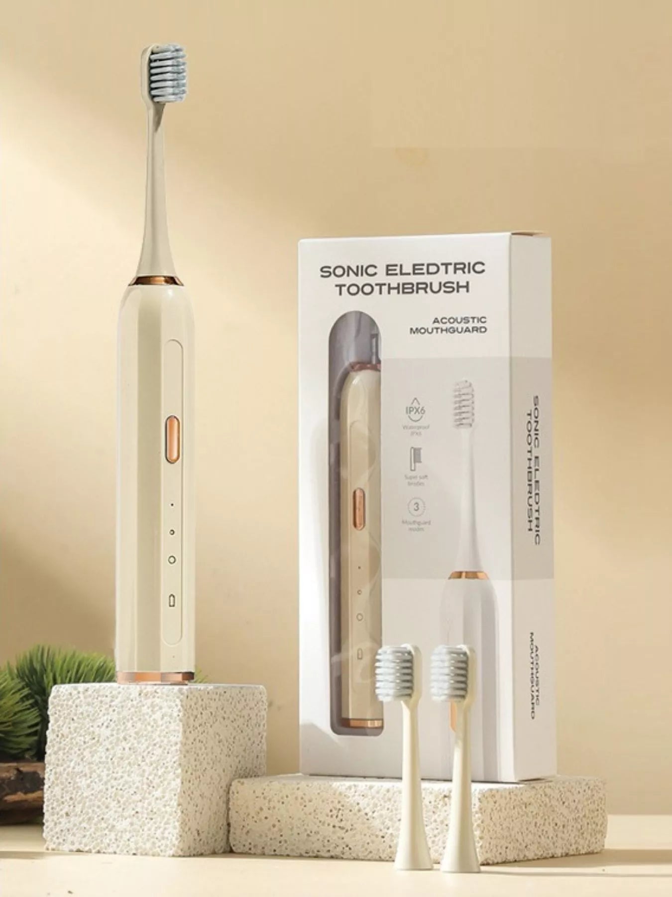 Trendsi smart electric toothbrush with tan handle and multiple brushing modes, close-up view showing brush head and controls.