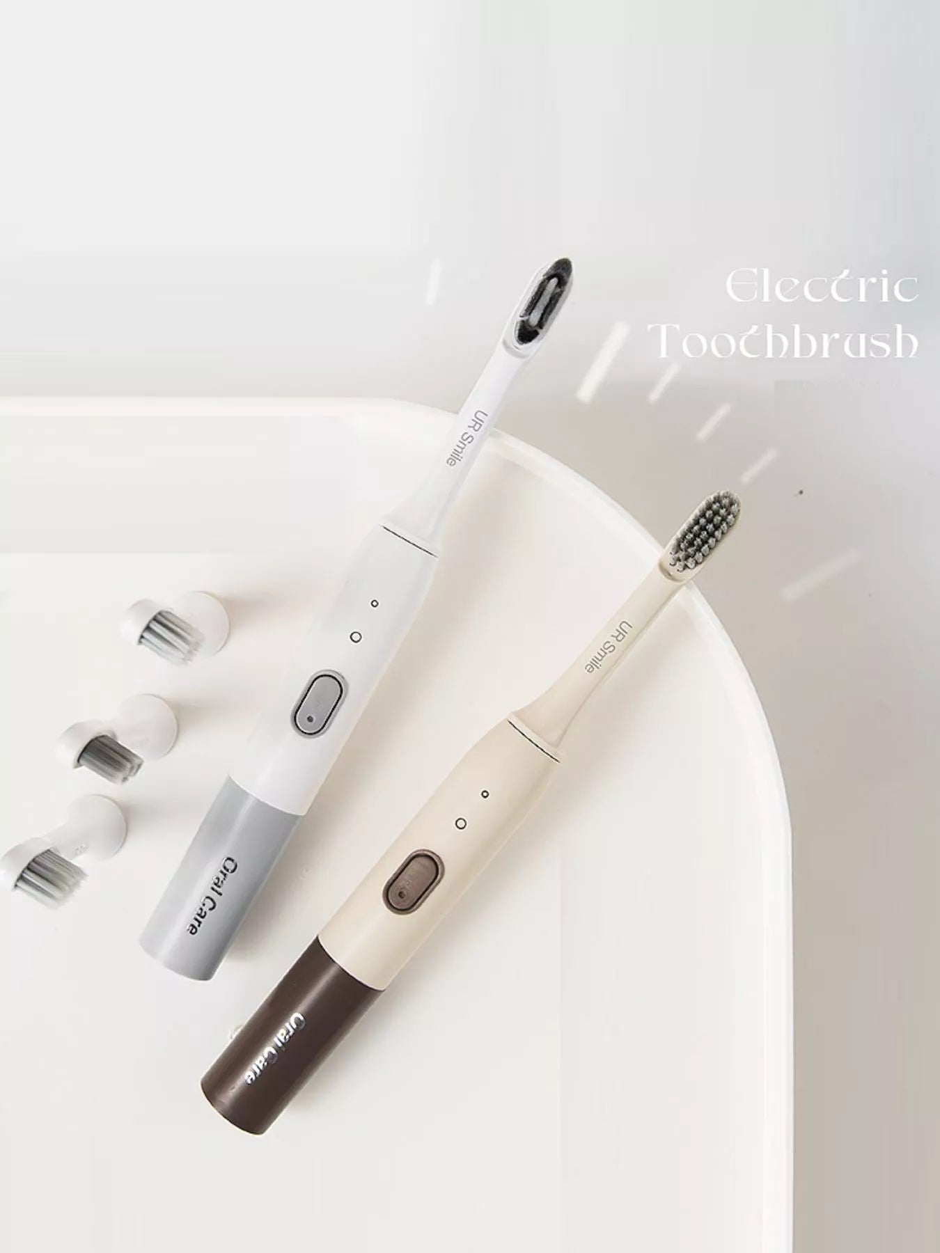 Trendsi rechargeable electric toothbrush with tan handle and multiple brush heads, designed for effective dental cleaning.