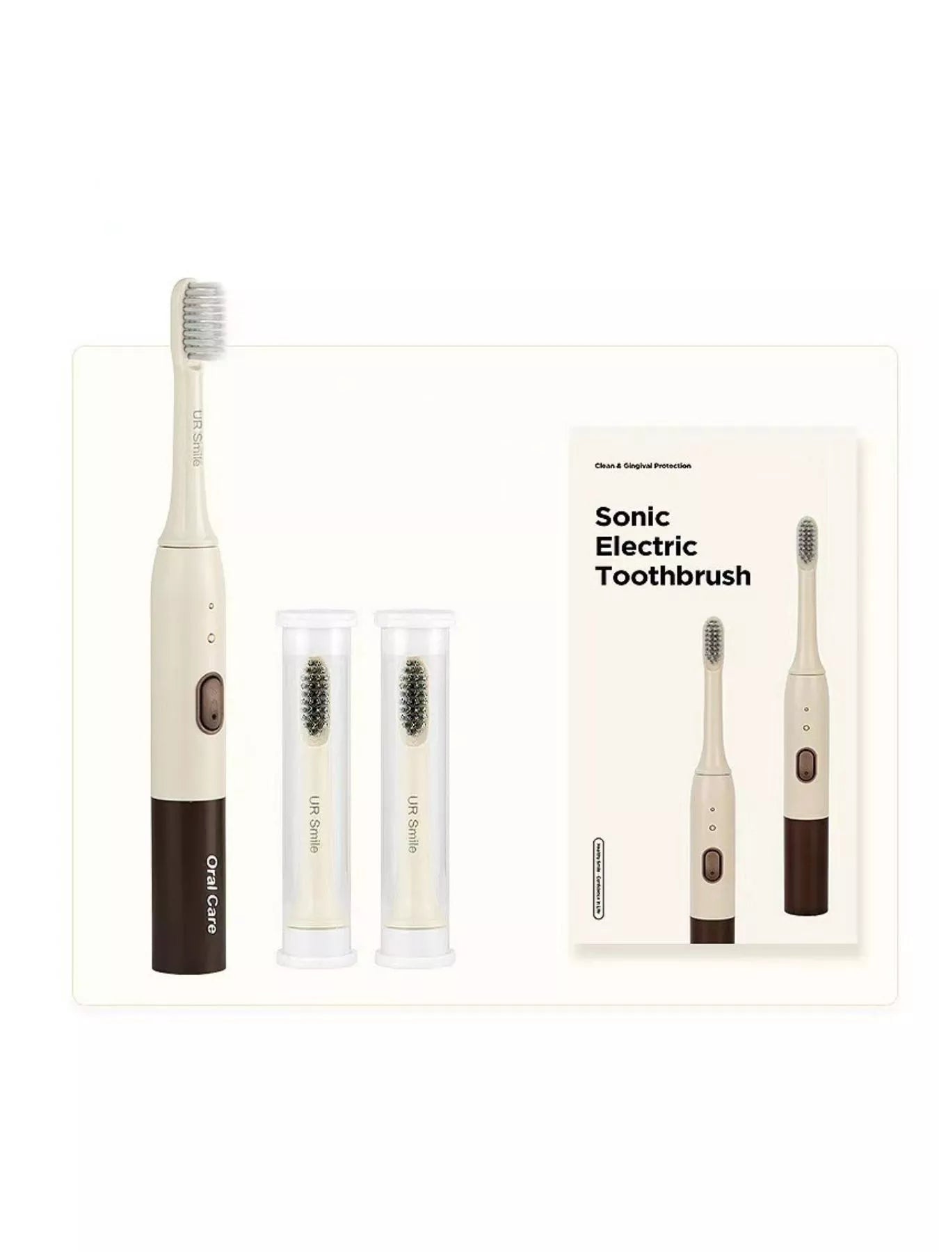 Trendsi rechargeable electric toothbrush with tan handle and one-size design, showing the brush head and sleek ergonomic body.