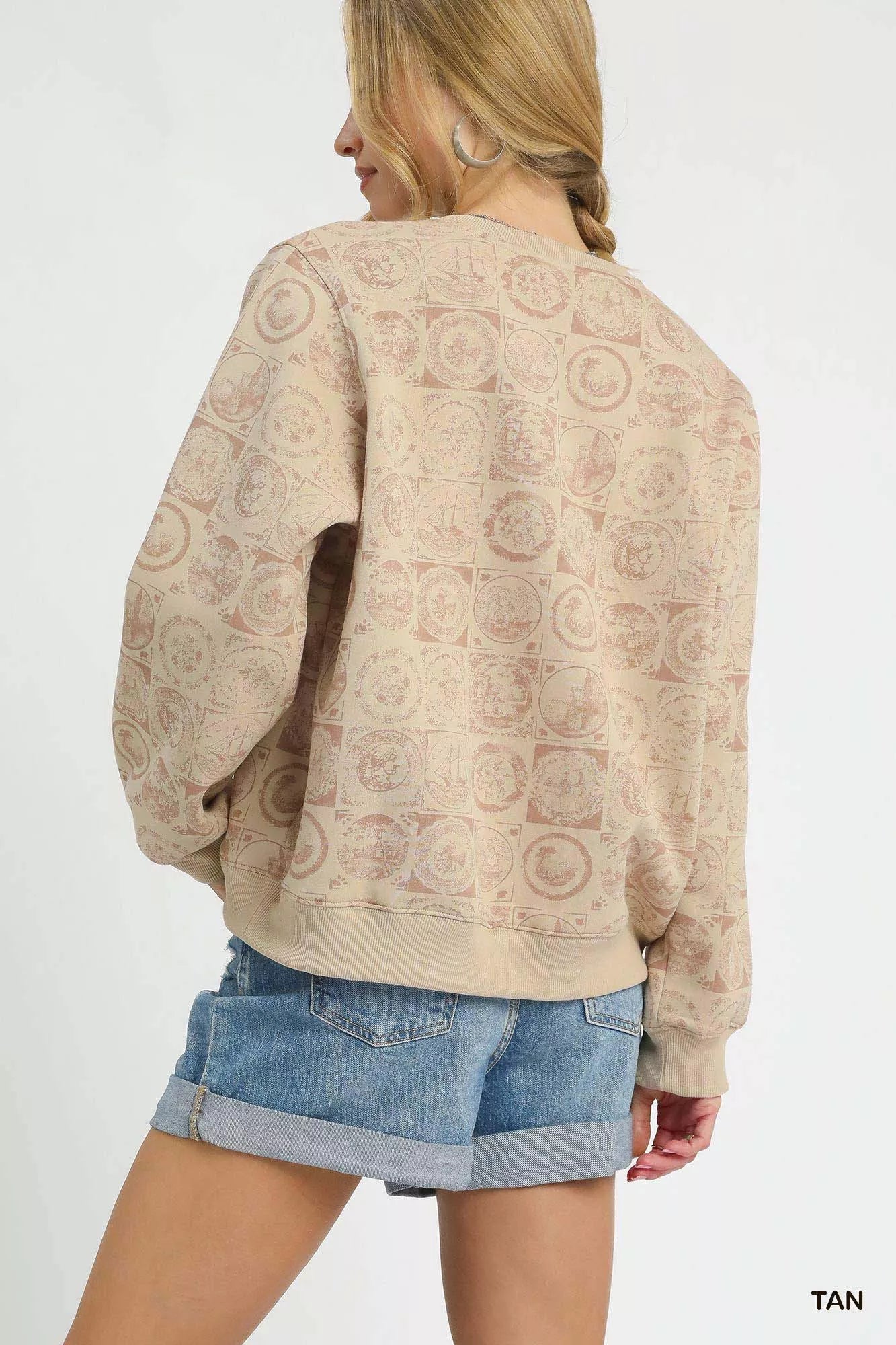 Tan Umgee coin stamp print sweatshirt featuring a casual fit and graphic coin stamp design, perfect for a relaxed everyday look.