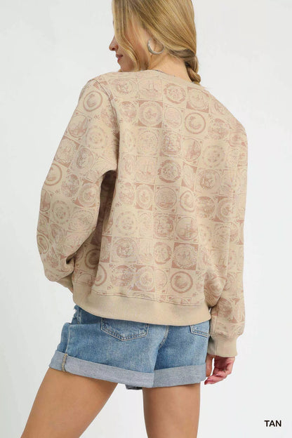 Tan Umgee coin stamp print sweatshirt featuring a casual fit and graphic coin stamp design, perfect for a relaxed everyday look.