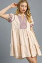 Tan Umgee floral trim puff sleeve mini dress with a fitted bodice and flowy skirt, styled for casual or semi-formal occasions.