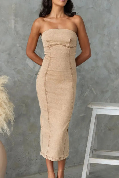 Tan washed denim tube dress with slit back and fitted design, styled by Trendsi, perfect for casual or trendy outfits.