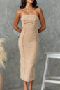 Tan washed denim tube dress with slit back and fitted design, styled by Trendsi, perfect for casual or trendy outfits.