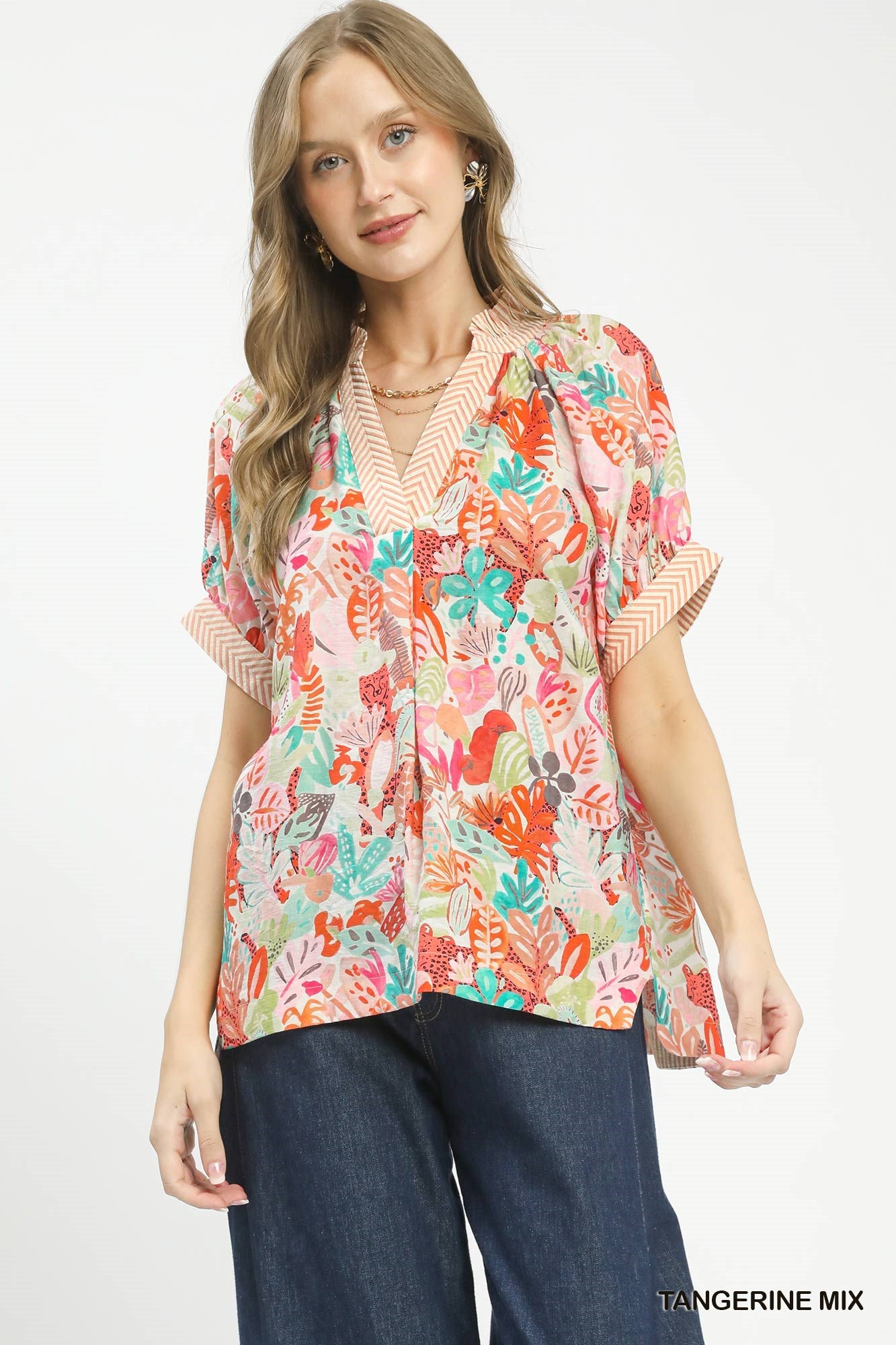Umgee Mix Boho printed V-neck top in vibrant Tangerine color, featuring a relaxed fit and bohemian style.