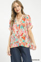 Umgee Mix Boho printed V-neck top in vibrant Tangerine color, featuring a relaxed fit and bohemian style.