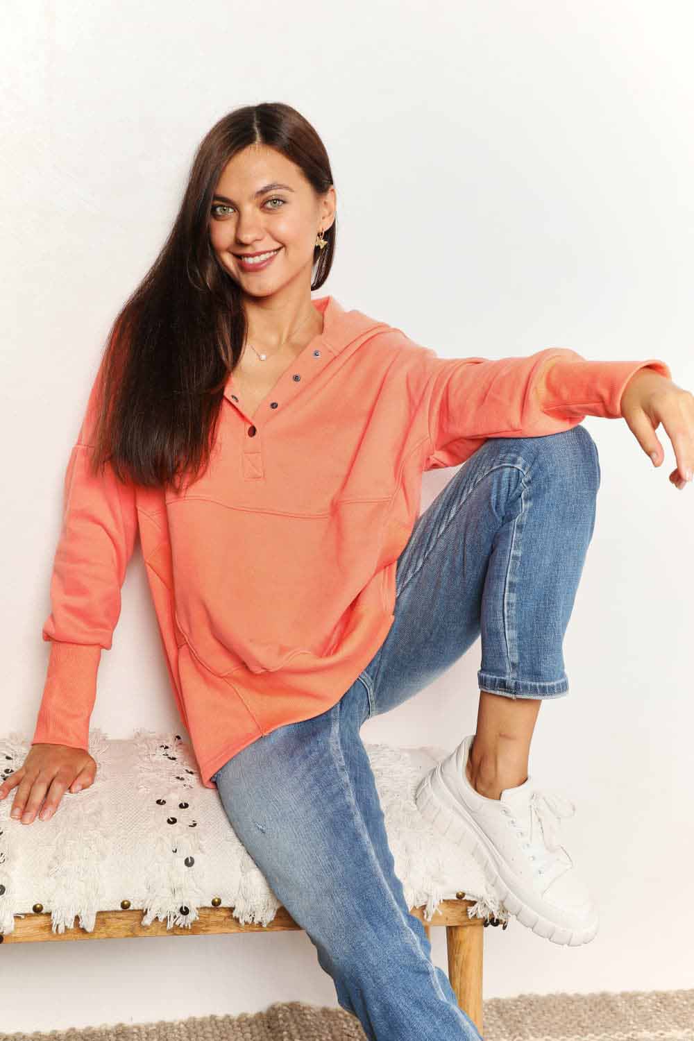 Tangerine double take quarter-snap dropped shoulder hoodie by Trendsi with relaxed fit and casual style.