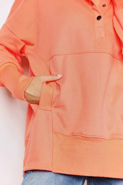 Tangerine Trendsi Double Take Quarter-Snap Dropped Shoulder Hoodie with relaxed fit and casual style.