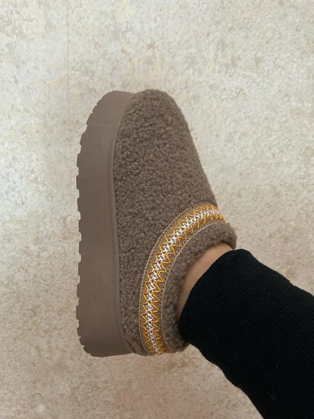 Taupe Wild Diva embroidered trim platform Sherpa boots with cozy lining and chunky sole, stylish and comfortable for winter wear.