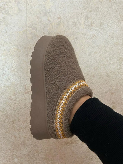 Taupe Wild Diva embroidered trim platform Sherpa boots with cozy lining and chunky sole, stylish and comfortable for winter wear.