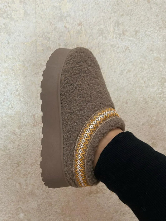 Taupe Wild Diva embroidered trim platform Sherpa boots with cozy lining and chunky sole, stylish and comfortable for winter wear.