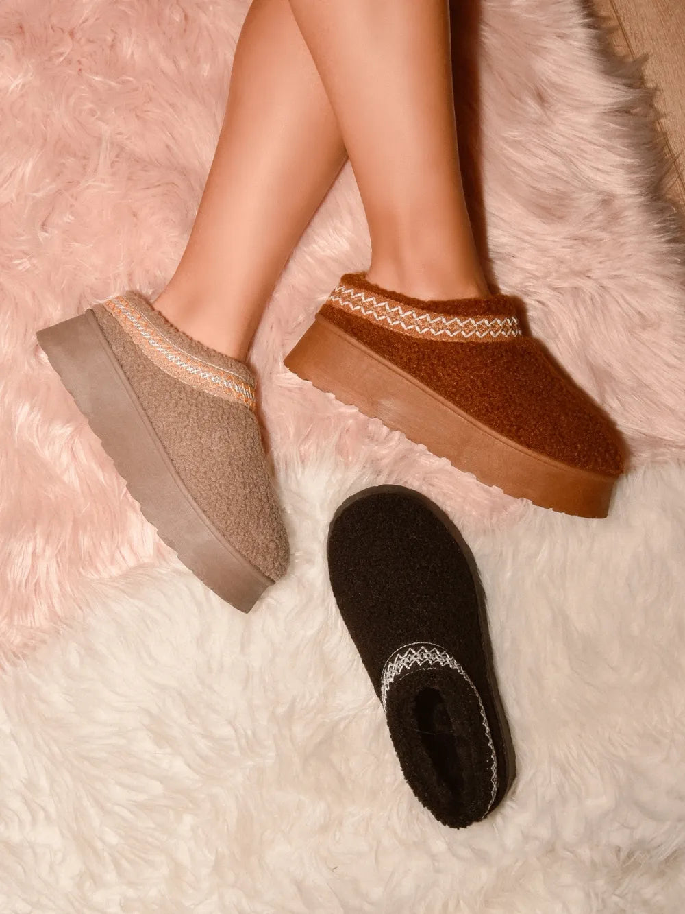 Taupe WILD DIVA embroidered trim platform Sherpa boots with cozy lining and chunky soles, perfect for stylish winter wear.