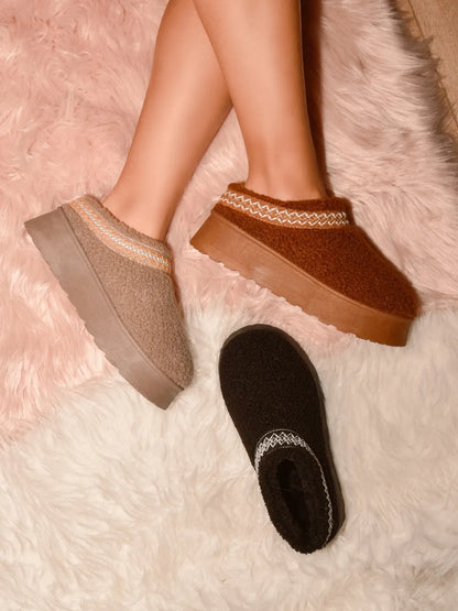 Taupe WILD DIVA embroidered trim platform Sherpa boots with cozy lining and chunky soles, perfect for stylish winter wear.