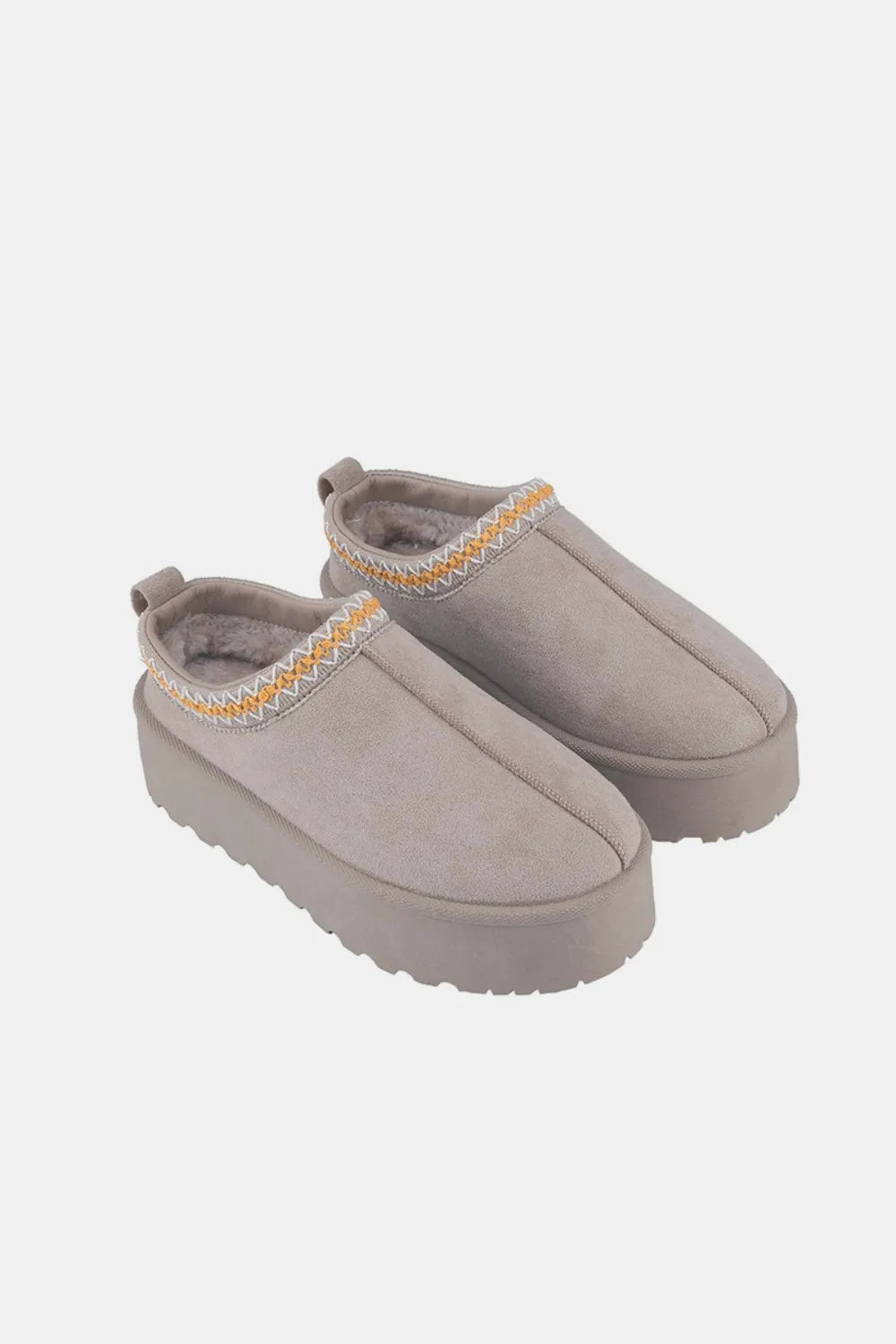 Taupe Weeboo Platform Slip-On Boots with embroidered trim, trendy and comfortable women's footwear by Trendsi.