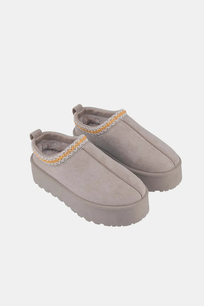 Taupe Weeboo Platform Slip-On Boots with embroidered trim, trendy and comfortable women's footwear by Trendsi.