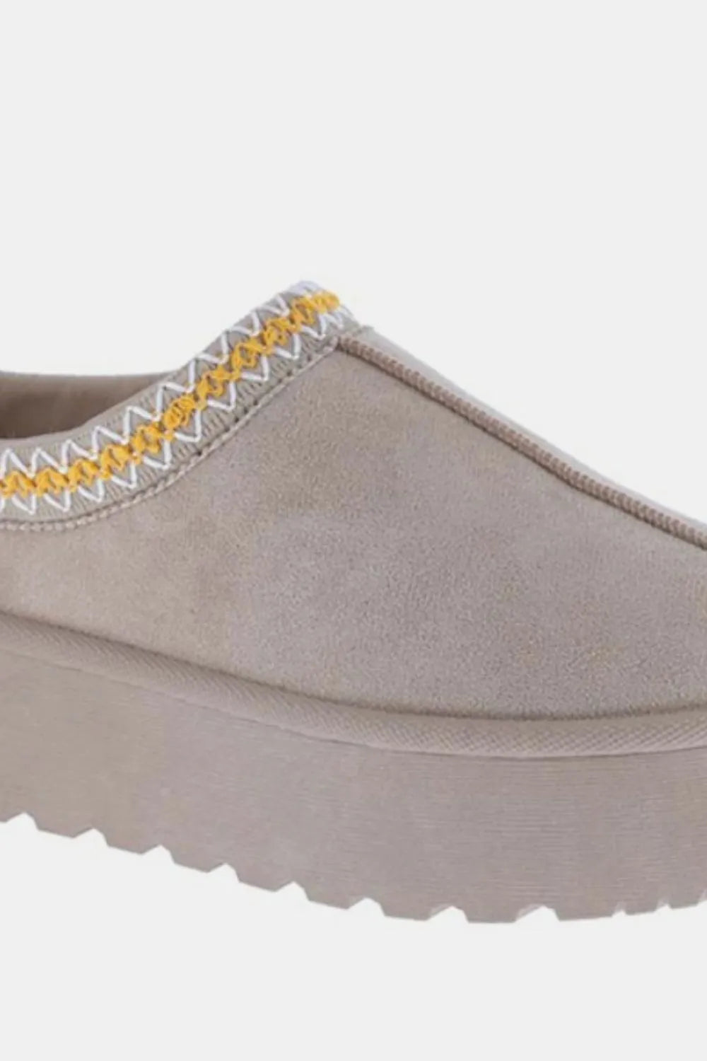 Taupe Weeboo Platform Slip-On Boots with embroidered trim by Trendsi, featuring a stylish and comfortable design.