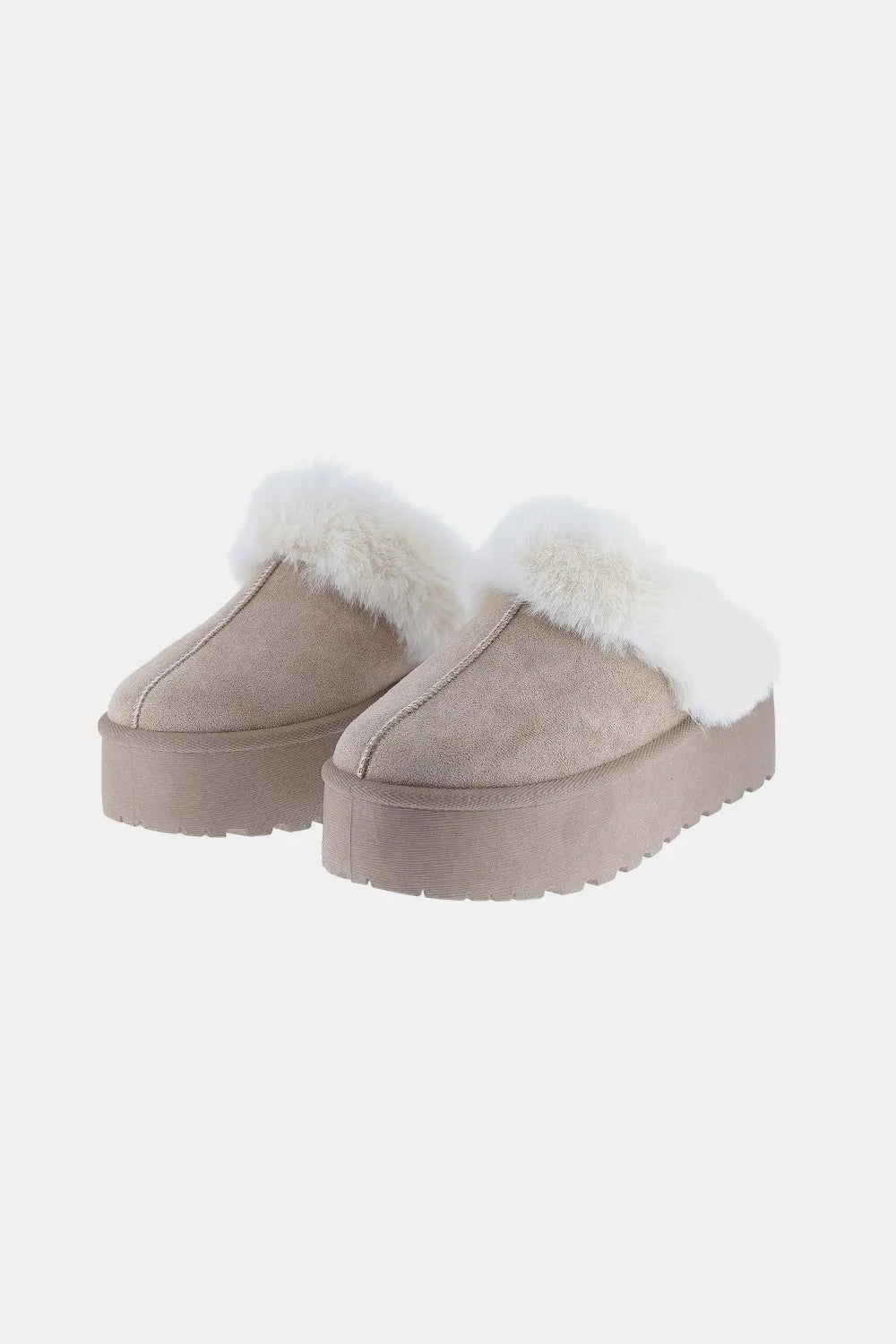 Taupe Weeboo Thick Bottom Fur Trim Snow Slippers by Trendsi, cozy winter footwear with fur accents and durable soles.